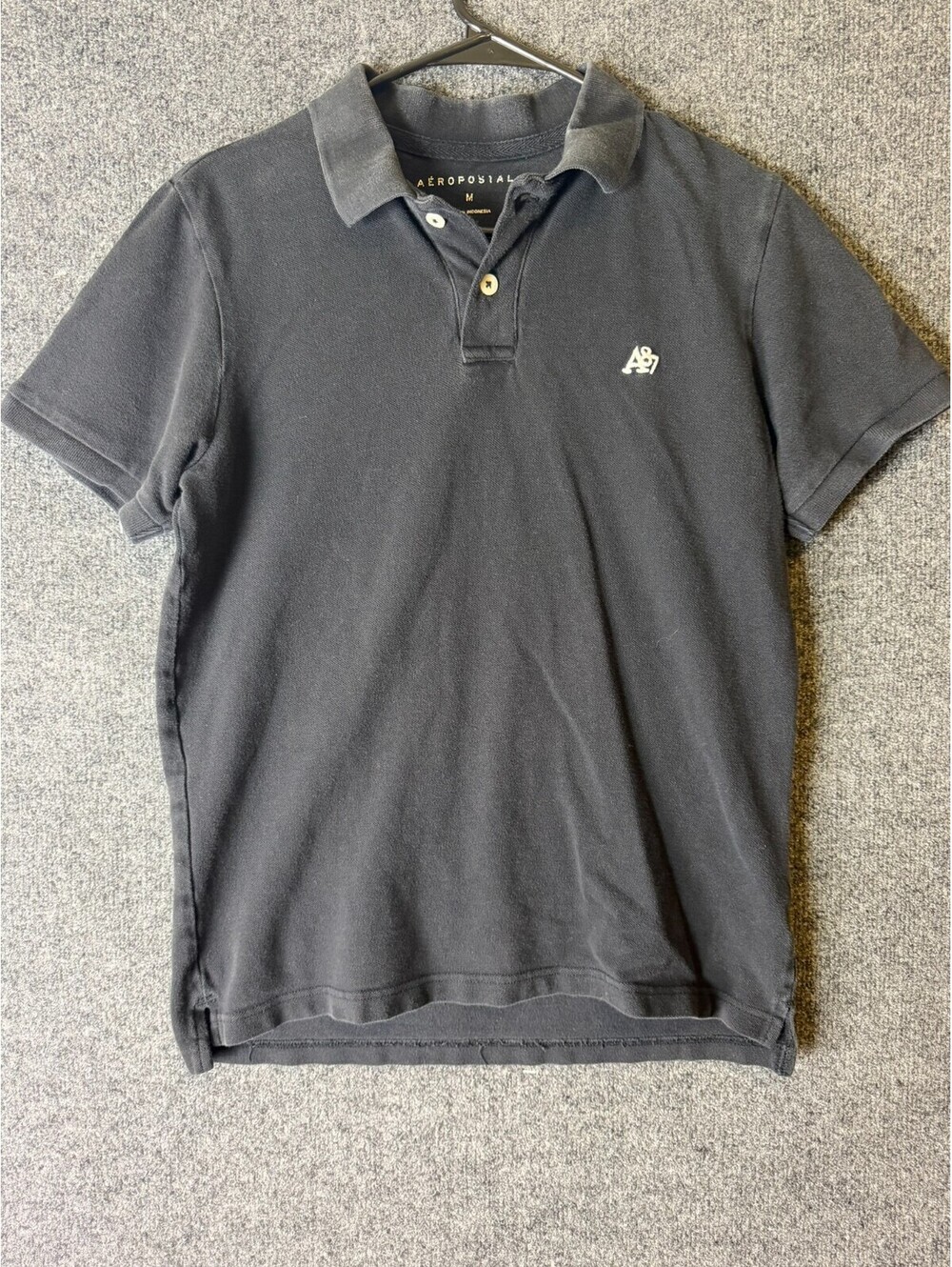 Aeropostale Mens Medium Short Sleeve Polo Shirt Dark Black A87 Logo Solid Pique